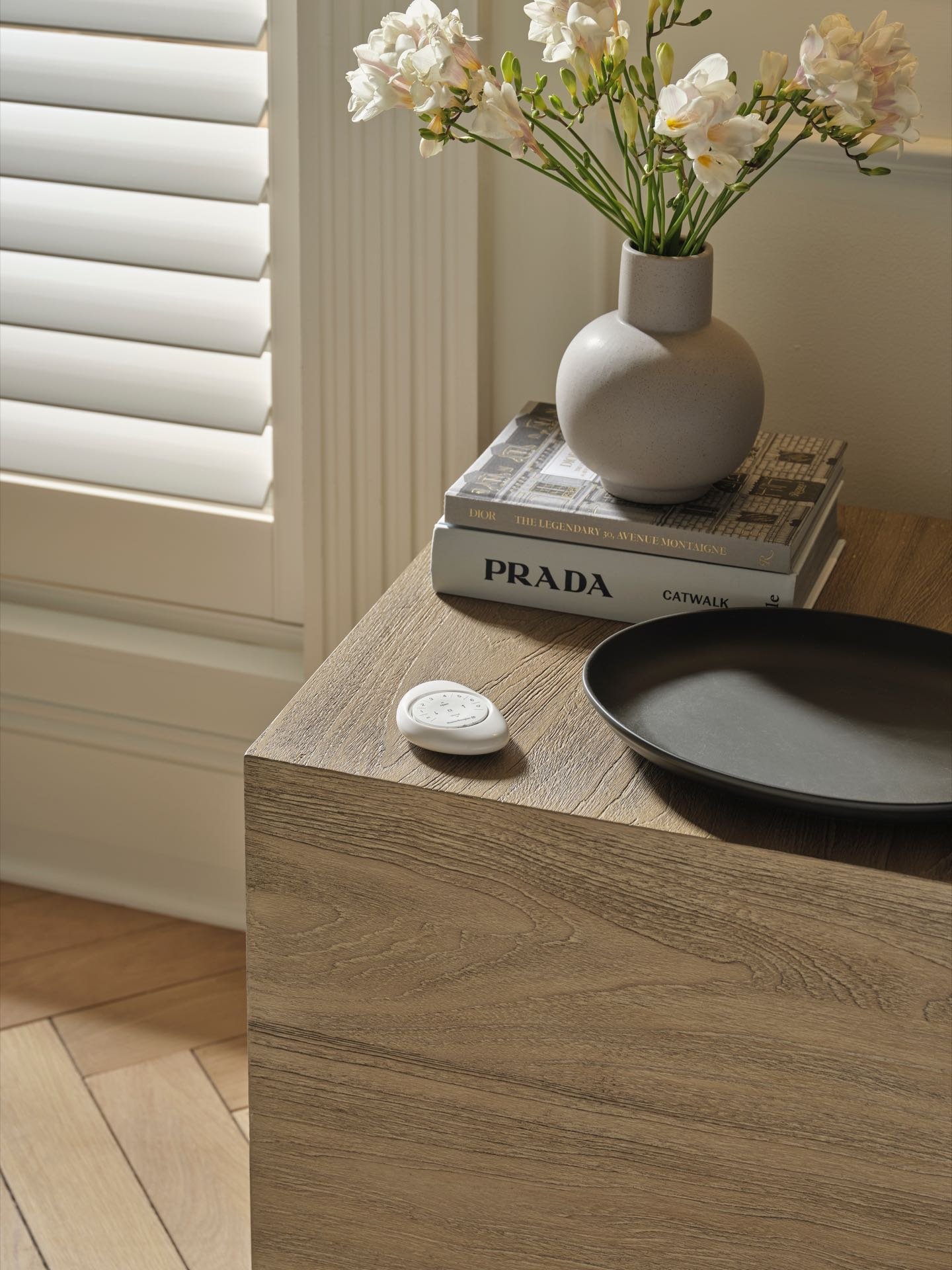 Palm Beach™ Polysatin Shutters with PowerView® — Living Room